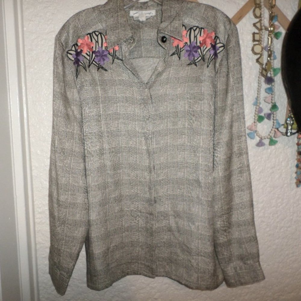 Aseret 100% Silk Blouse Black/White Houndstooth Floral Embroiderd Accents Sz 12